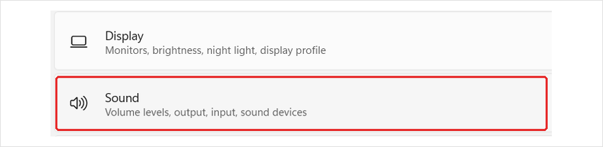 Windows Settings with Sound highlighted