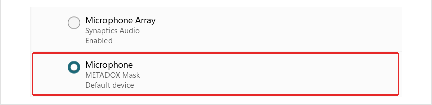 Microphone METADOX Mask selected under Input