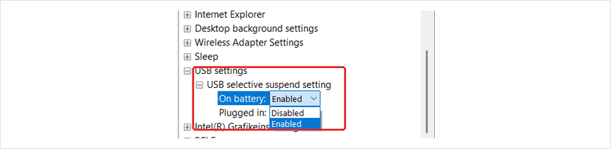 USB selective suspend setting set to Disabled