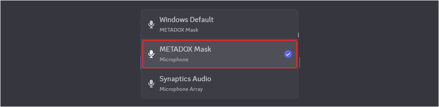 Discord microphone menu with METADOX Mask selected