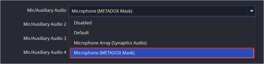 OBS Mic/Auxiliary Audio set to METADOX Mask