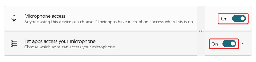 Microphone access and Let apps access your microphone switched on